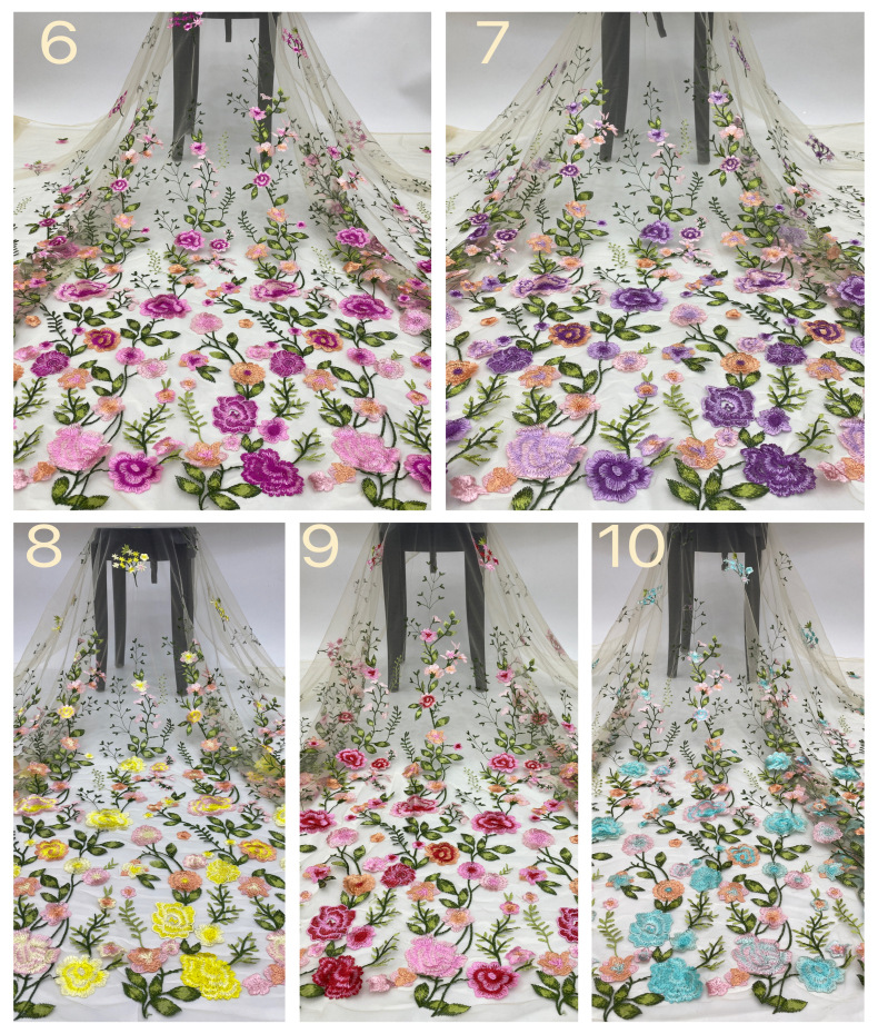 Wholesale Small Floral Embroidery Mesh Lace Tulle Fabric with Multicolor Thread 