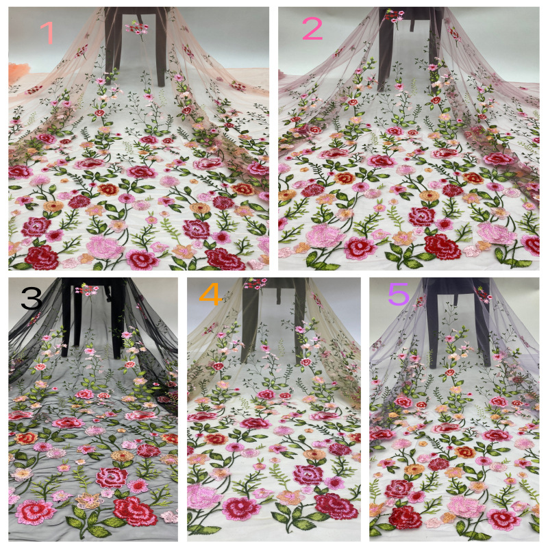 Wholesale Small Floral Embroidery Mesh Lace Tulle Fabric with Multicolor Thread 