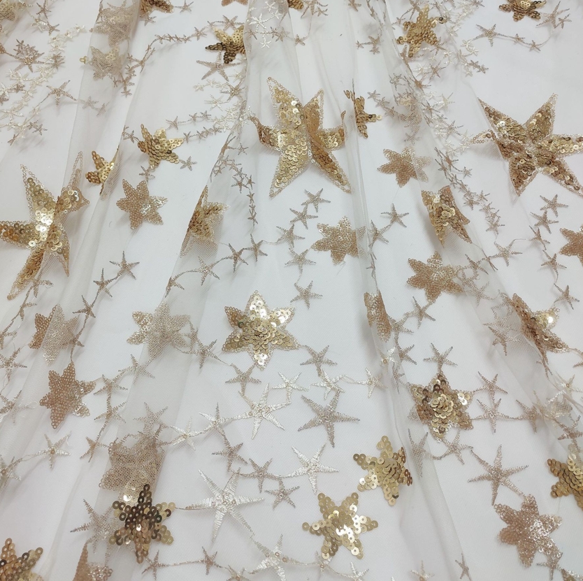 New mesh fabric embroidered sequin stars flower pattern net fabric for women dress