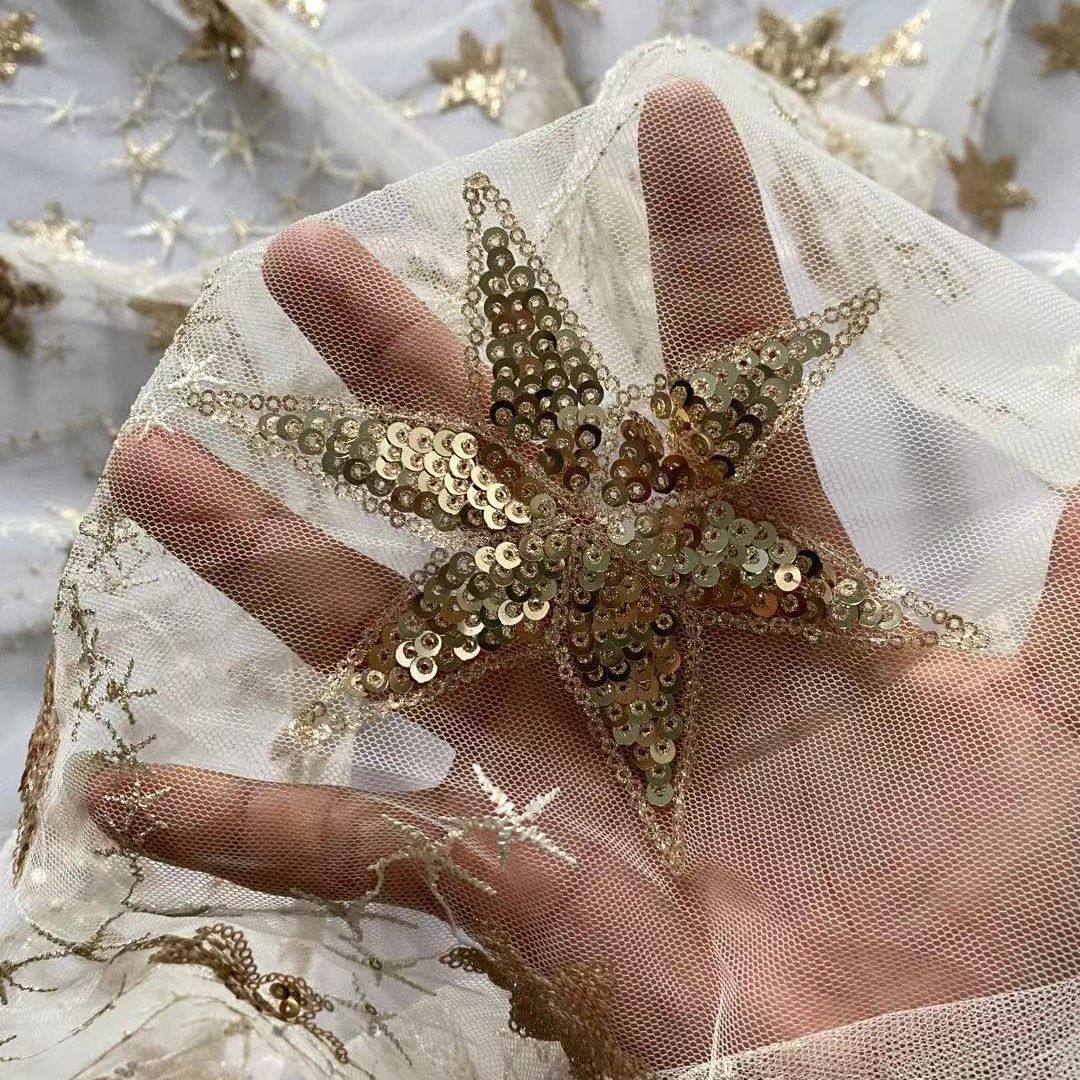 New mesh fabric embroidered sequin stars flower pattern net fabric for women dress New mesh fabric embroidered sequin stars flower pattern net fabric for women dress