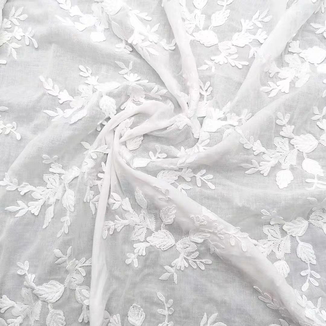 3D flower white color soft embroidered cotton fabric for garments