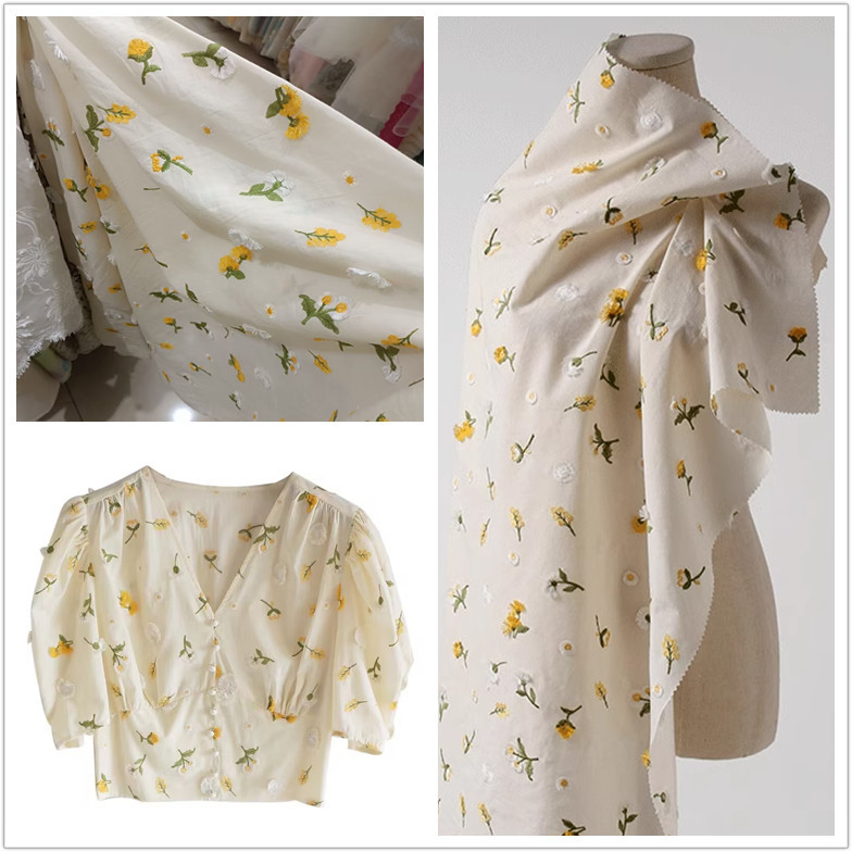 Wholesale customize lightweight embroidered daisy flower cotton fabric for summer dresses Wholesale customize lightweight embroidered daisy flower cotton fabric for summer dresses