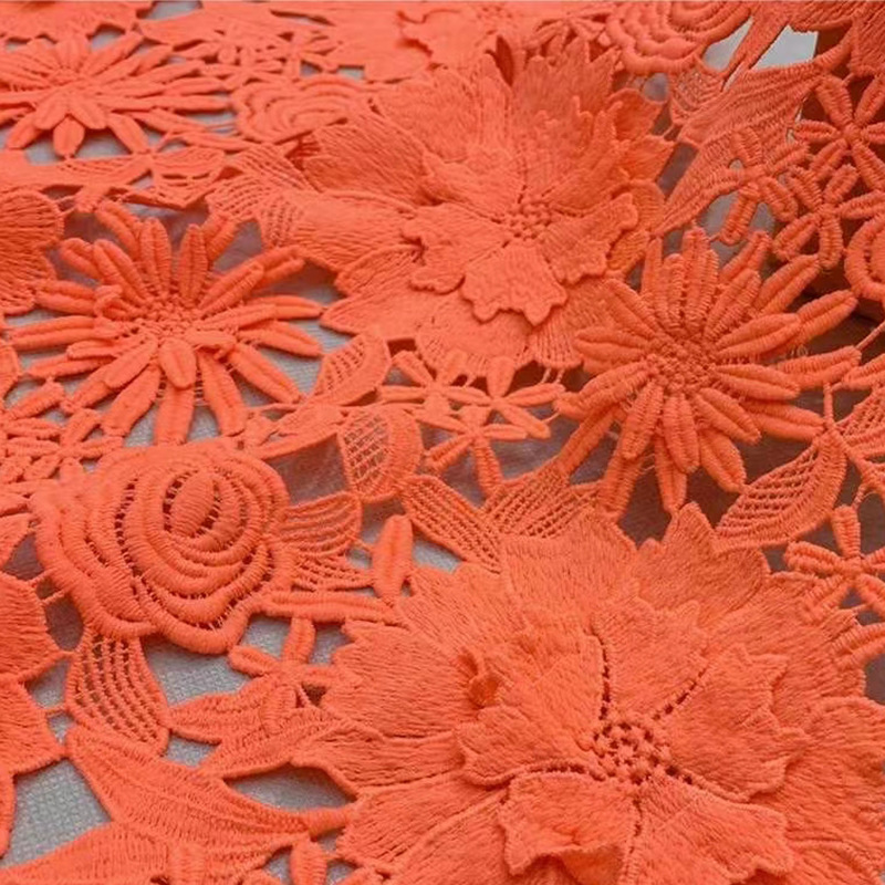 Embroidered Mesh Fabric with 3D Lace Appliqué and Water-Soluble milky fiber Embroidery lace fabric
