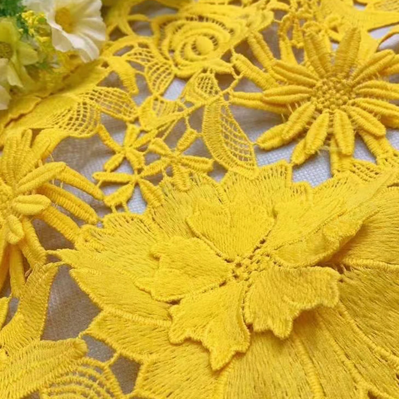 Embroidered Mesh Fabric with 3D Lace Appliqué and Water-Soluble milky fiber Embroidery lace fabric