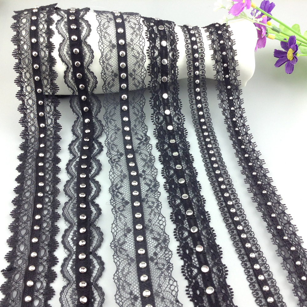 Fashion Decorative Elegant polyester lace trimming with eyelets and rivet for dresses