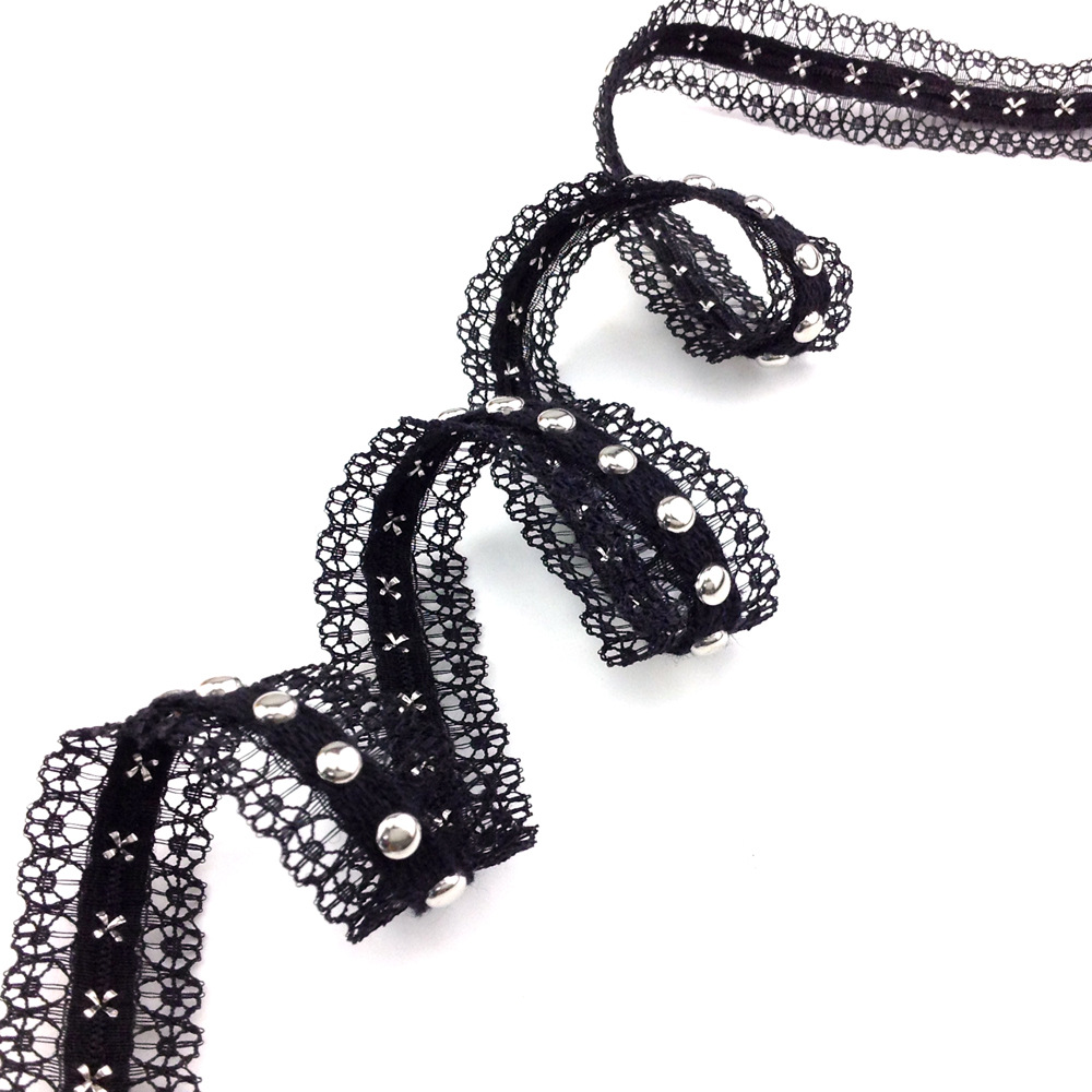 Fashion Decorative Elegant polyester lace trimming with eyelets and rivet for dresses