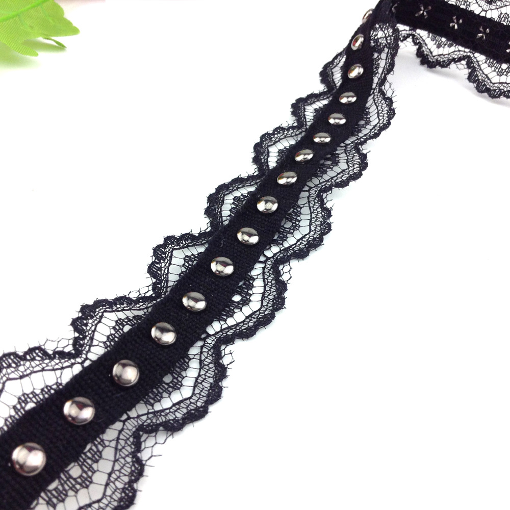 Fashion Decorative Elegant polyester lace trimming with eyelets and rivet for dresses