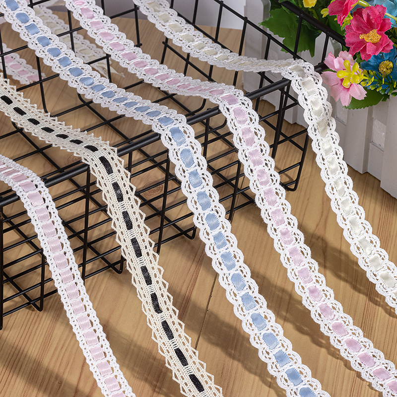 Hollow cotton lace trimming thru with ribbon lace trim for children clothing