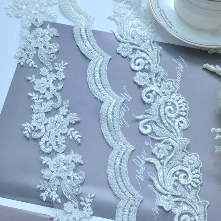 Fashion beaded bridal lace trim for wedding dress