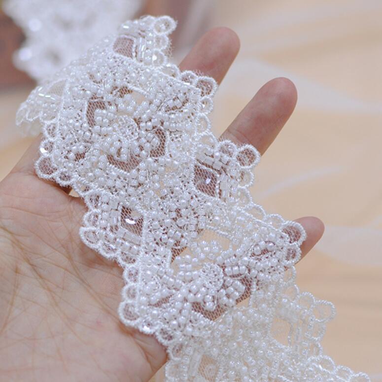 Fashion beaded bridal lace trim for wedding dress