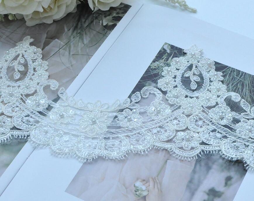 Fashion beaded bridal lace trim for wedding dress