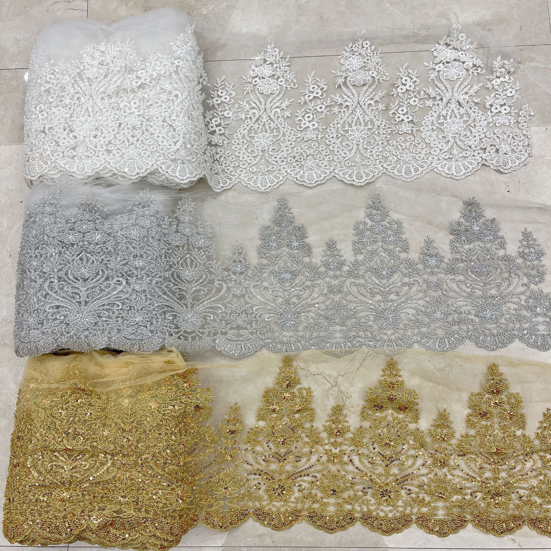 White silver gold color beaded embroidery lace trimming for wedding dress