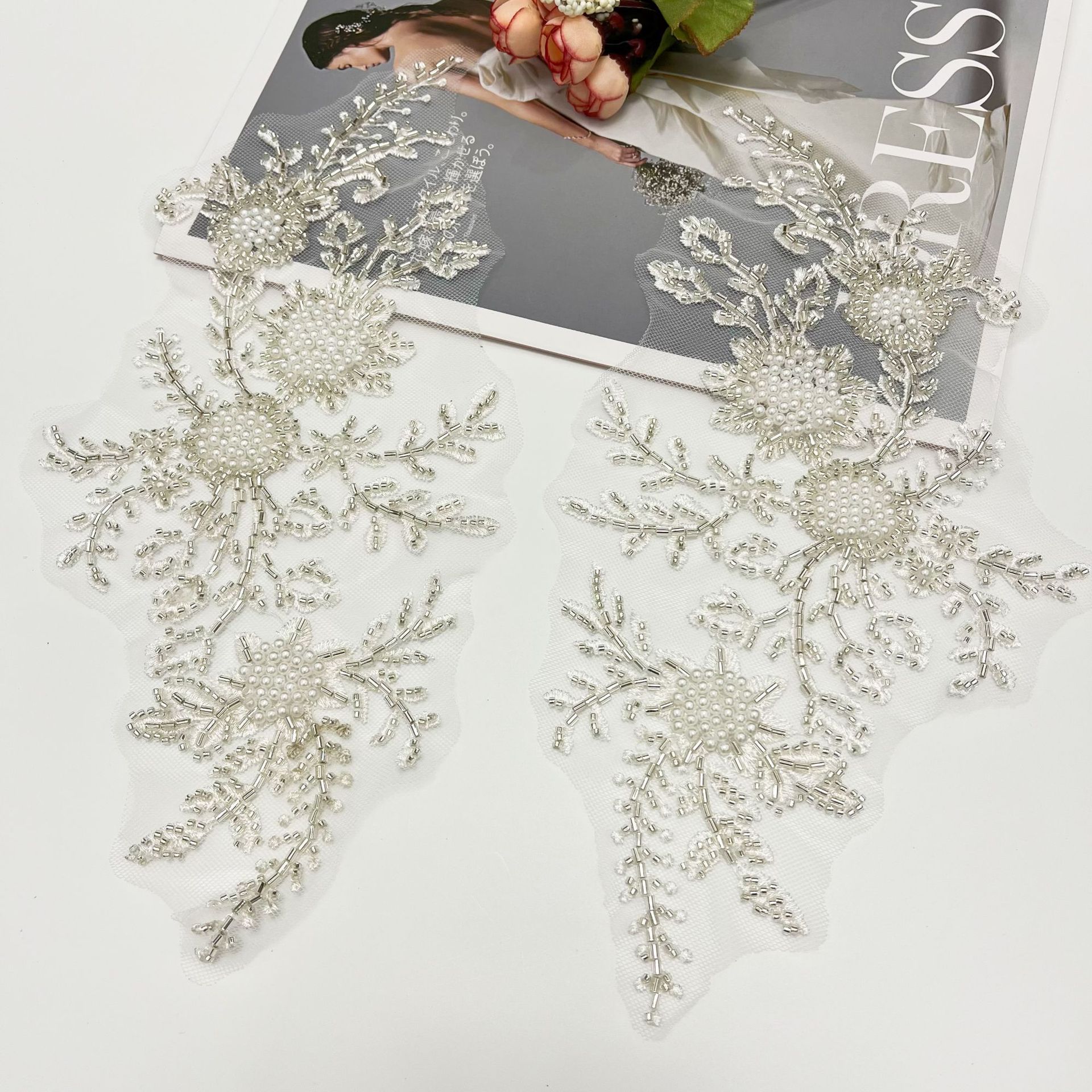 Fashion white 3D beading lace trims and patches for bridal wedding dress