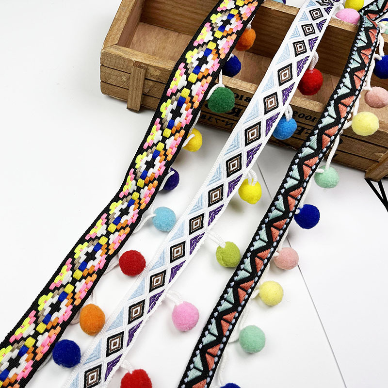 Ethnic ribbon with pompom trim garment trimming accessories supplier