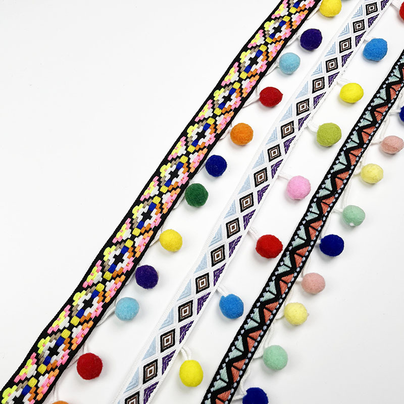 Ethnic ribbon with pompom trim garment trimming accessories supplier